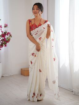 Sareemall - White Women Silk Blend Embroidered Saree with Unstitched Blouse