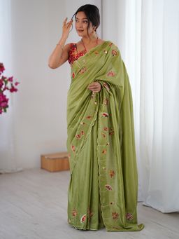 Sareemall - Green Women Silk Blend Embroidered Saree with Unstitched Blouse