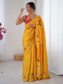 Sareemall - Yellow Women Silk Blend Embroidered Saree with Unstitched Blouse