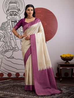Sareemall - Off White Women Banarasi Silk Woven Saree with Unstitched Blouse