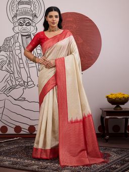 Sareemall - Off White Women Banarasi Silk Woven Saree with Unstitched Blouse