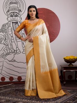 Sareemall - Off White Women Banarasi Silk Woven Saree with Unstitched Blouse