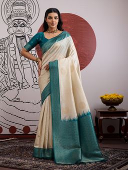 Sareemall - Off White Women Banarasi Silk Woven Saree with Unstitched Blouse