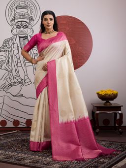 Sareemall - Off White Women Banarasi Silk Woven Saree with Unstitched Blouse
