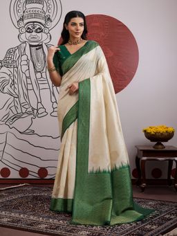 Sareemall - Off White Women Banarasi Silk Woven Saree with Unstitched Blouse