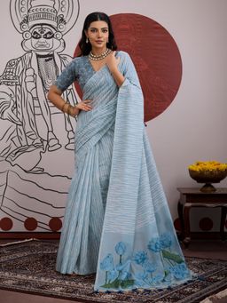 Sareemall - Blue Women Viscose Printed Saree with Unstitched Blouse