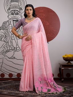 Sareemall - Pink Women Viscose Printed Saree with Unstitched Blouse