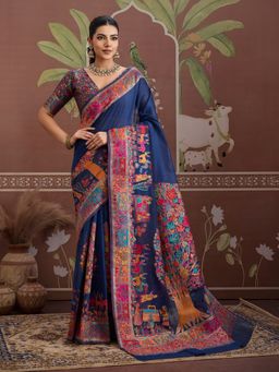 Sareemall - Navy Blue Women Cotton Woven Saree with Unstitched Blouse