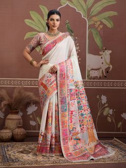 Sareemall - White Women Cotton Woven Saree with Unstitched Blouse