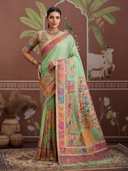 Sareemall - Green Women Cotton Woven Saree with Unstitched Blouse