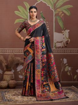 Sareemall - Black Women Cotton Woven Saree with Unstitched Blouse