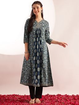 Vbuyz - Women Aqua Blue Floral Printed A-Line Cotton Stitched Kurta