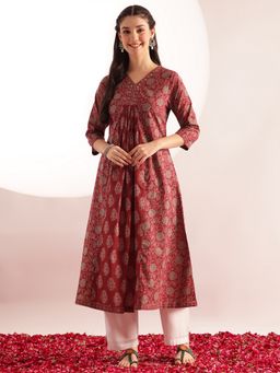 Vbuyz - Women Maroon Floral Printed A-Line Cotton Stitched Kurta