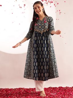 Vbuyz - Women Aqua Blue Floral Print Fit and Flare Cotton Stitched Kurta