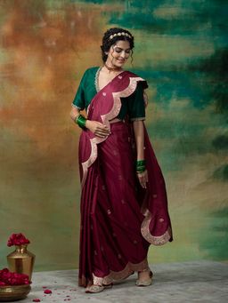 WeaverStory - Wine Handloom Silk Banarasi Saree With Unstitched Blouse