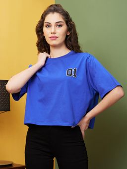 Globus - Women Blue Boxy Fit Typography Round Neck T-Shirt