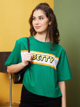 Globus - Women Green Boxy Fit Typography Round Neck T-Shirt