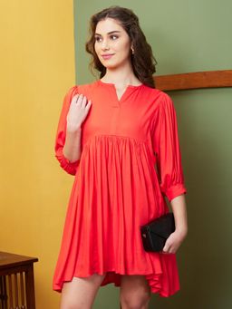 Globus - Women Orange Solid Casual Round Neck A-Line Dress