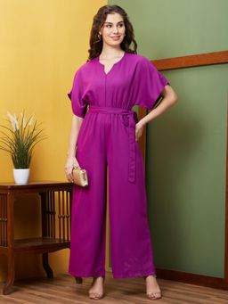 Globus - Women Purple Round Neck With V Cut & Kimono Sleeves Waist Tie-Up Longline Jumpsuit