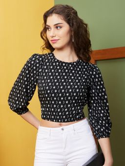 Globus - Women Black Printed Casual Round Neck Crop Top