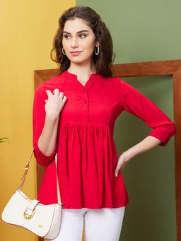 Globus - Women Red Solid Casual Mandarin Collar Top