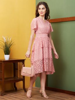 Globus - Women Pink Self Design Party V-Neck Midi Dress