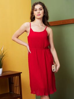 Globus - Women Red Strappy Shoulder Self Design Midi Party Dress With Belt
