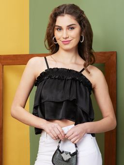 Globus - Women Black Solid Party Shoulder Straps Crop Top
