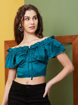 Globus - Women Teal Solid Party Off-Shoulder Crop Top