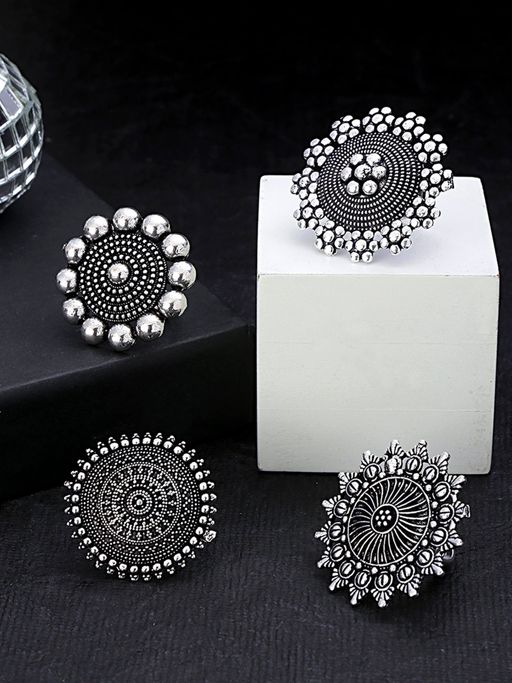 Yellow Chimes Set of 4 PCs Silver - toned German Silver Oxidised Adjustable Finger Rings
