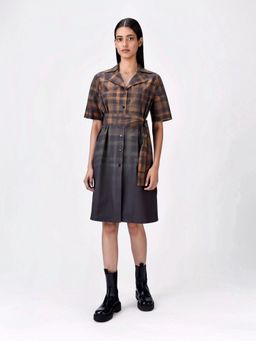 Genes Lecoanet Hemant - Women Collar Neck Checks Print Dress with Belt (Set of 2)