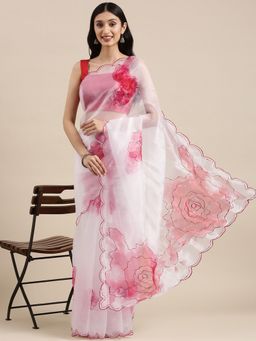 Vastranand - White Organza Party Wear Saree With Aari Work Butta with Unstitched Blouse