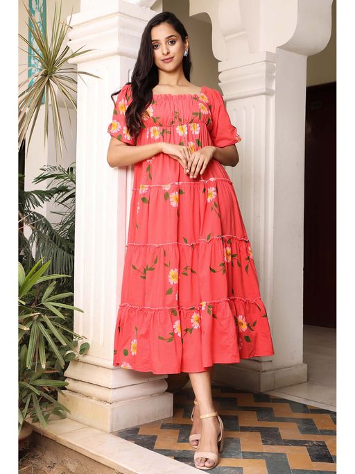 flared cotton dress Women's Ivory/floral Cotton Dress with Flared Skirt