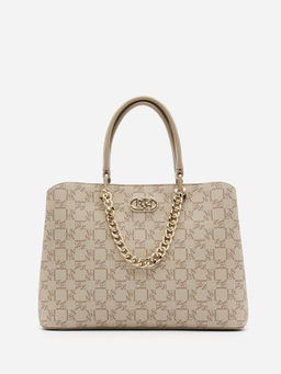 U.S. POLO ASSN. - Zoe Beige Satchel Handbag with Monogram Print