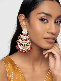 Indya - Gold Red Bead Crescent Multi Layer Earrings