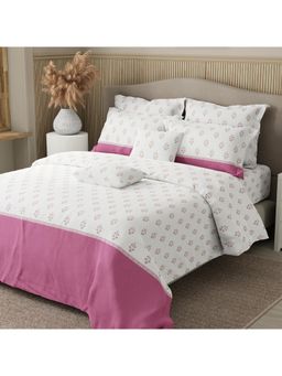 Boutique Living - Pink & White Ethnic Print Bedsheet with 4 Pillow Covers & 2 Cushion Covers (King)