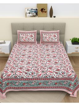 Bella Casa - Red Floral Cotton Bedsheet with 2 Pillow Covers (King)