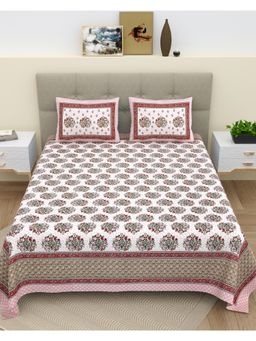 Bella Casa - Red Floral Cotton Bedsheet with 2 Pillow Covers (King)