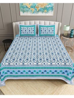 Bella Casa - Blue Floral Cotton Bedsheet with 2 Pillow Covers (King)