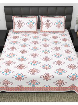 Bella Casa - Peach Ethnic Cotton Bedsheet with 2 Pillow Covers (King)