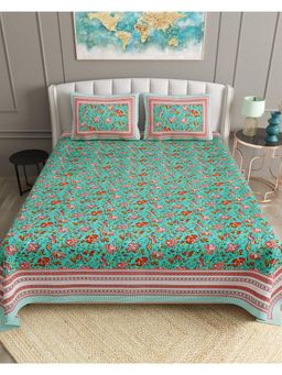 Bella Casa - Green Floral Cotton Bedsheet with 2 Pillow Covers (King)