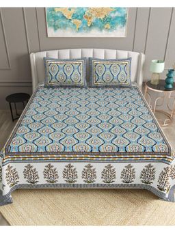 Bella Casa - Blue Floral Cotton Bedsheet with 2 Pillow Covers (King)