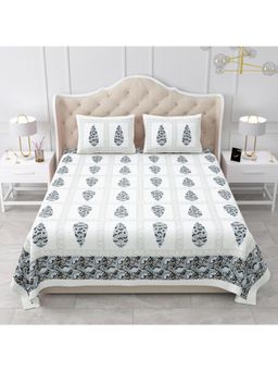 Bella Casa - White Ethnic Cotton Bedsheet with 2 Pillow Covers (King)