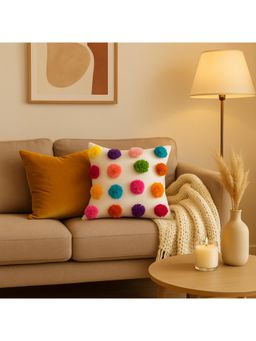 THROW PILLOW - Vibrant Multi-Color Pom Pom Premium Fabric Square Cushion Cover (16 x 16)