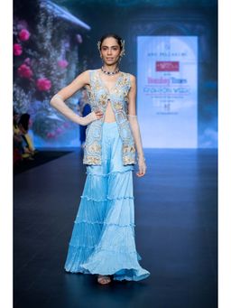 Anu Pellakuru - Blue Mrdvi Embroidered Jacket with Bustier and Sharara (Set of 3)