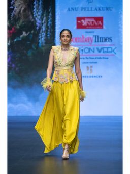 Anu Pellakuru - Yellow Arka Embroidered Top with Palazzo and Belt (Set of 3)