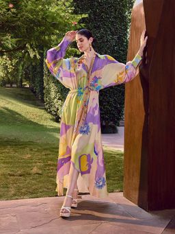 MANDIRA WIRK - Multicolor Floral Printed High-Low Shirt Dress
