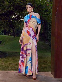 MANDIRA WIRK - Blue Modern Abstract One Shoulder Dress