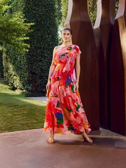 MANDIRA WIRK - Red Floral Ruffle Maxi Dress