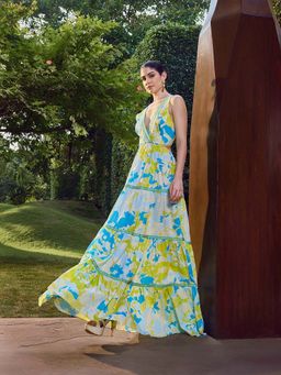 MANDIRA WIRK - Printed Plunge Backless Maxi Dress